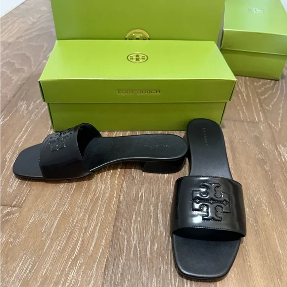 Tory Burch Black Patent Leather Low Heel Slide Sandals - Picture 3 of 11